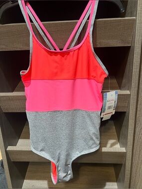 NWT Big Chill Girls' One-Piece Swimsuit - Neon Coral Hot Pink & Gray Sz 14-16